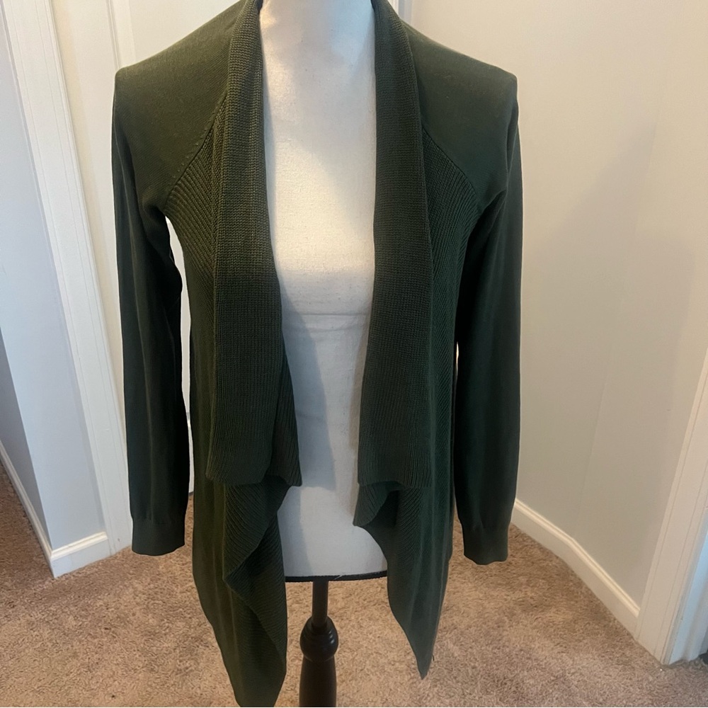 Green Knit Open Front Cardigan with Shawl Collar